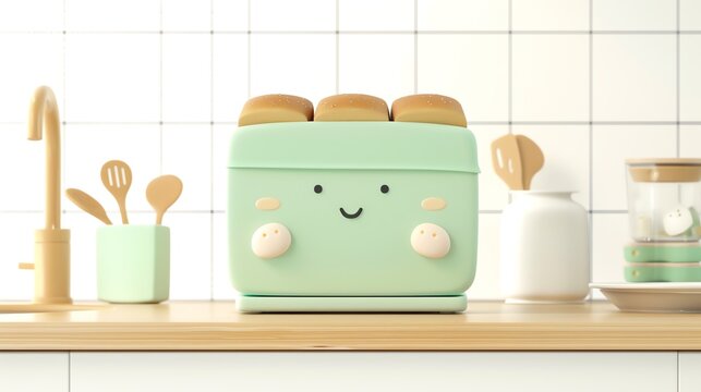  A 3D cartoon breadbox character in pastel green, feeling cozy, with loaves of bread peeking out, situated on a kitchen counter, isolated on white background