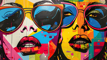 A colorful mural of three women's faces with sunglasses.

