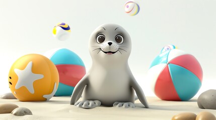 Fototapeta premium A 3D cartoon baby seal on a sandy beach, decorated with colorful beach balls, each with cheerful expressions, isolated on white background