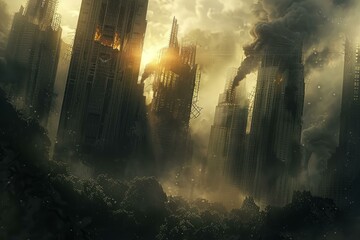 Dramatic apocalyptic artwork depicting a city in ruins with smoke and fire