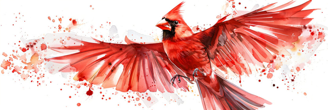 Vibrant watercolor painting of a red cardinal in flight, perfect for artistic designs, nature illustrations, and creative projects highlighting colorful wildlife