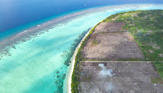 Aerial view of turquoise beach on Thoddoo Island, Maldives.