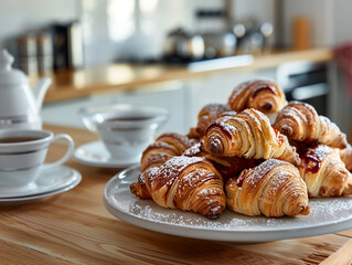 White plate with croissants and powdered sugar