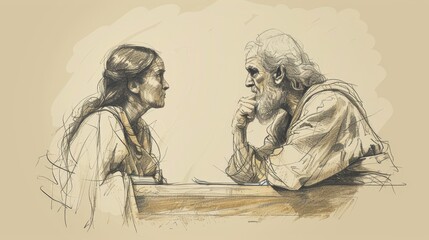 Obraz premium Parable of Unjust Judge, Persistent Widow Pleading for Justice, Judge Finally Relenting, Biblical Illustration, Beige Background, Copyspace