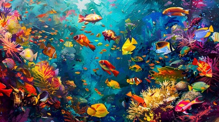 A colorful array of tropical fish congregating around a vibrant coral bommie, their dazzling hues creating a living kaleidoscope of underwater beauty.