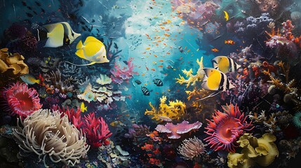 A bustling coral reef teeming with life, as colorful fish dart among swaying anemones and sea fans,...
