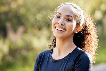 Happiness, portrait and woman in nature for fitness, exercise and mockup outdoors. Female person, smile and break from training for confidence, workout and calm or wellness in park in sunshine