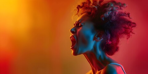 Intense Dramatic Portrait of an Angry Shouting Woman with Vivid Colorful Expressions