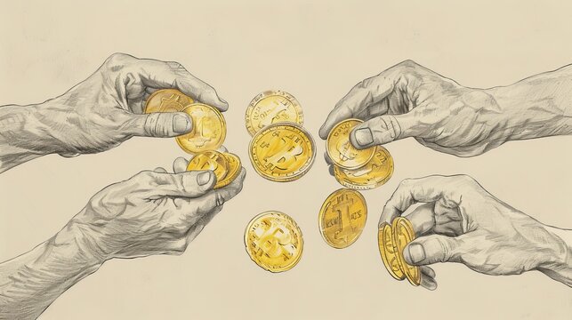Parable of Talents with Servants Receiving Gold Coins, Investing Differently, Biblical Illustration, Beige Background, Copyspace