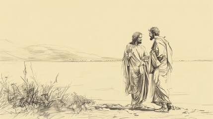 Biblical Illustration of Jesus Raising Son of Widow of Nain, Young Man Sits Up and Speaks, Beige Background, Copyspace