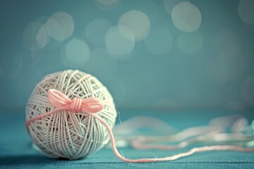 A soft light woolen ball of yarn tied with a bow on a blue background. Place for text.
