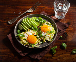 keto low carb breakfast baked spiralized zucchini with eggs and avocado
