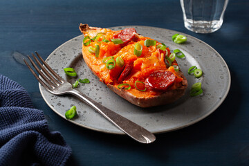 twice baked sweet potato with cheese and chorizo sausage