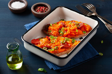 twice baked sweet potato with cheese and chorizo sausage