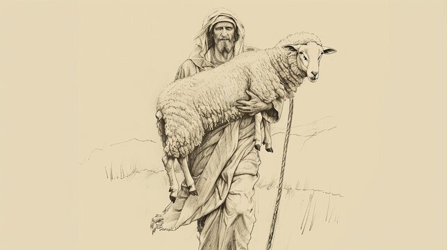 Good Samaritan Tending to Injured Man on Roadside, Biblical Illustration, Beige Background, Copyspace