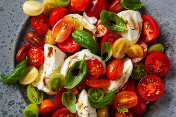 healthy colorful tomato mozzarella basil salad with balsamic vinegar dressing