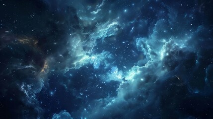 A breathtaking digital artwork depicting a vibrant blue nebula scattered with stars, representing the infinite beauty of outer space.