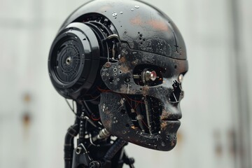 Closeup of a robot head showcasing complex electronics and wet surfaces