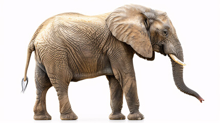 Gentle elephant with trunk raised on a white background