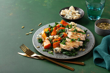 chicken breast with sweet potato, blue cheese and kale. healthy lunch