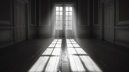 Sunlight streams through French doors, casting long shadows on the wooden floor in an empty, dimly lit room.