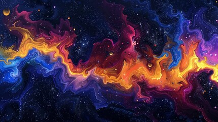 Abstract painting of vibrant, flowing colors mimicking a cosmic wave across a starry night sky,...