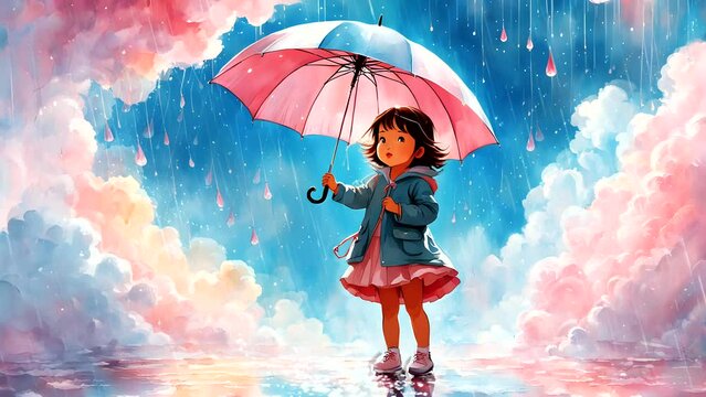 Child with umbrella in the rain under blue sky with pink clouds. Looping seamless time lapse animation video background.