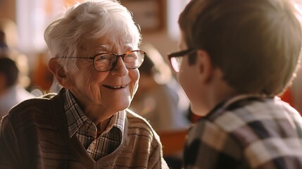 An elderly man smiles fondly at a young boy.