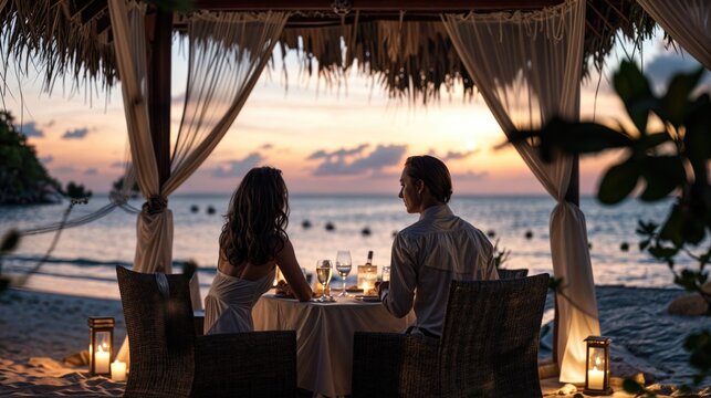 Romantic Beachside Dinner for Two: Couple Enjoying Candlelit Meal in Private Cabana at Sunset