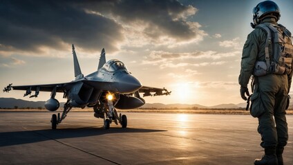 Air Force Pilot Standing By Fighter Jet on Runway