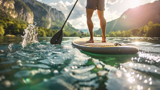 Serene Paddleboarding Adventure in the Glowing Sunlight on a Lake