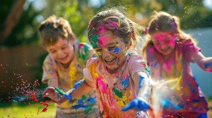 Fun Paint Fight Outdoors: Happy Children Splattering Each Other with Colorful Paint in Bright Daylight Backyard Fun