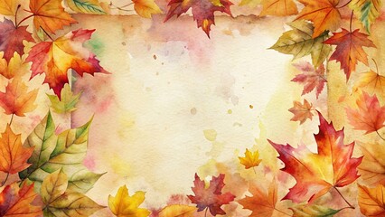 Vibrant watercolor autumn leaves surrounding a blank frame on a textured background, with copy space