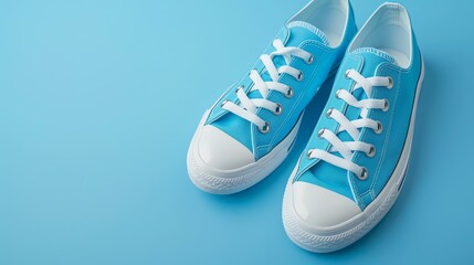 **Converse-style sneakers on a blue background**  A pair of blue converse-style sneakers with white laces on a blue background.