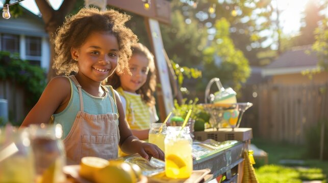 Joyful Kids Running a Lemonade Stand in their Front Yard on a Sunny Day