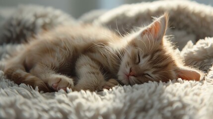 A cute ginger kitten is sleeping on a fluffy white blanket. The kitten is curled up with its paws...