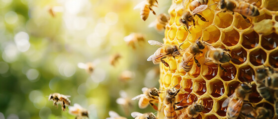 Visualize a honeycomb sphere with golden honey and busy bees Highlight its sweet productivity