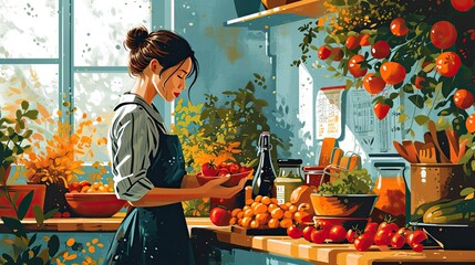 Nutritionist vs Dietician, a vivid comparison visualized by a split-image, one half showing a nutritionist in a vibrant kitchen holding fresh fruits and vegetables, the other half showing a dietician 