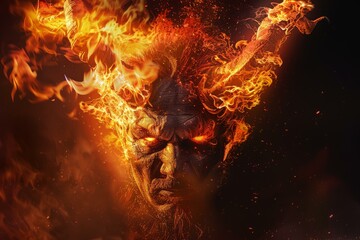 Fiery demon portrait concept art with flames. Fire. And mystical creature in a hellish. Infernal setting. Showcasing intense. Fierce. Evil expression and makeup with special effects for a spooky