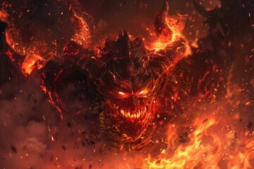 Intense illustration of a fearsome demon surrounded by flames in a dark, hellish environment