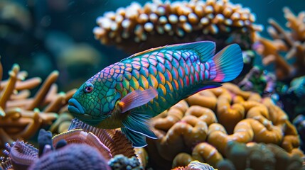 A colorful parrotfish nibbling on coral polyps, its vibrant scales shimmering in the sunlight as it...