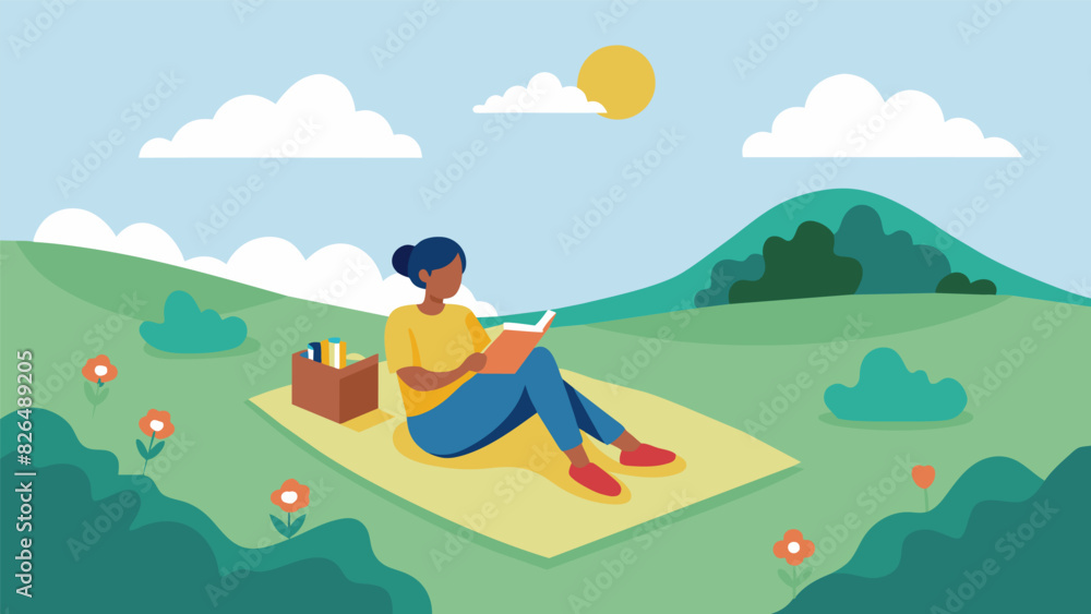 Poster a picnic blanket spread out on a grassy knoll with a reader lounging in the warm sunlight and gettin