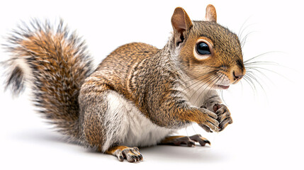 Obraz premium Playful squirrel standing on hind legs on a white background
