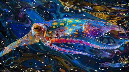 A colorful reef squid pulsating with vibrant hues as it moves gracefully through the water, its...