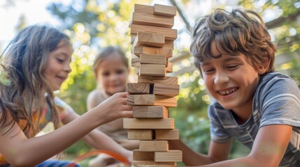 Joyful Kids Building Tower with Giant Jenga Blocks Outdoors under Sunny Sky