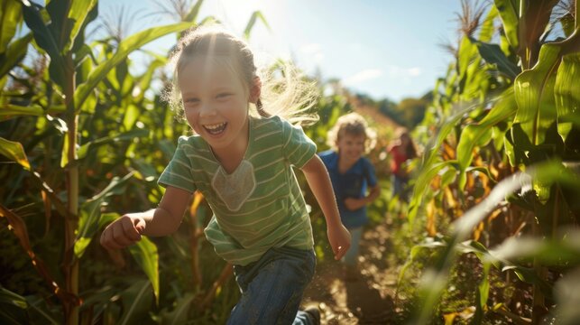 Joyful Kids Playing Hide and Seek in Sunlit Corn Maze Adventure - Fun Childhood Activity Concept