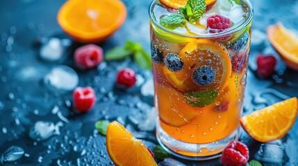 Fototapeta premium Summer drinks, Refreshing summer drink with orange, blueberry, raspberry, and mint.