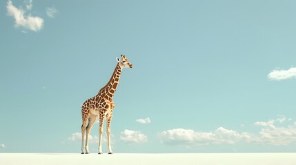 Delightful baby giraffe standing tall and elegant on a clean white savannah, with its long neck reaching for the sky.