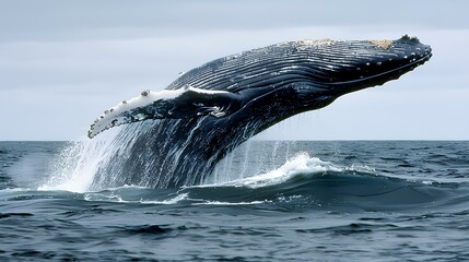 A colossal blue whale gracefully arching its massive body out of the water, a testament to the...