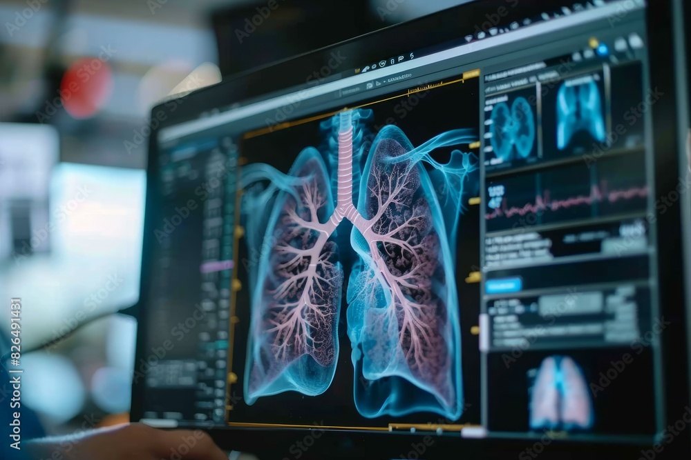 Poster highresolution lung scan displayed on a modern computer monitor showing detailed pulmonary structure